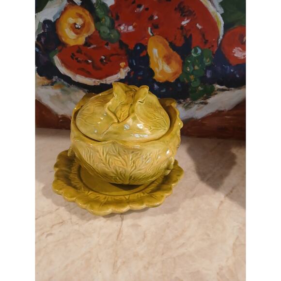 Cabbage Lettuce Turain Serving Bowl Lid Dish Platter Green Ceramic Cottage Farm - Picture 6 of 16